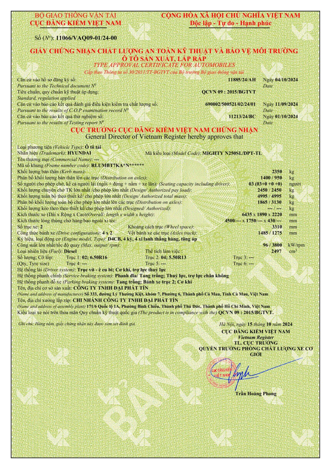 GCN ANKT & BVMT Hyundai Mighty N250SL Thùng lửng