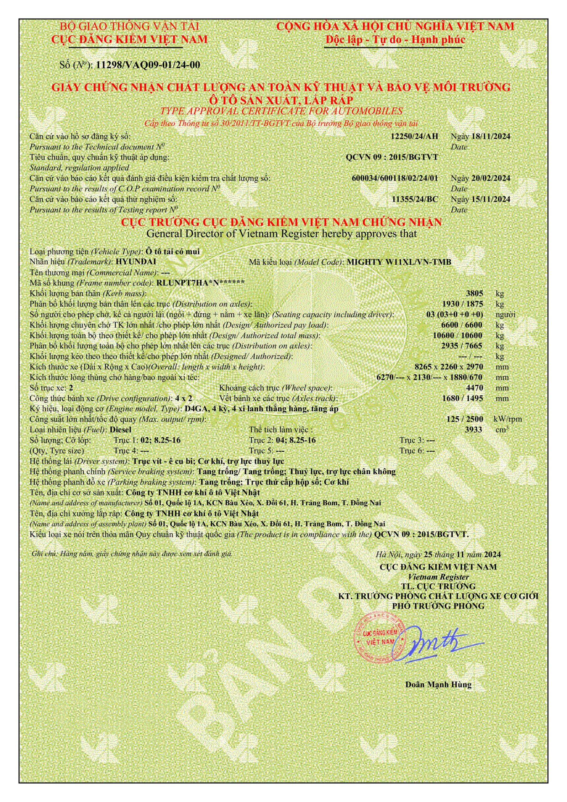 GCN ATKT & BVMT Hyundai Mighty W11XL Thùng mui bạt