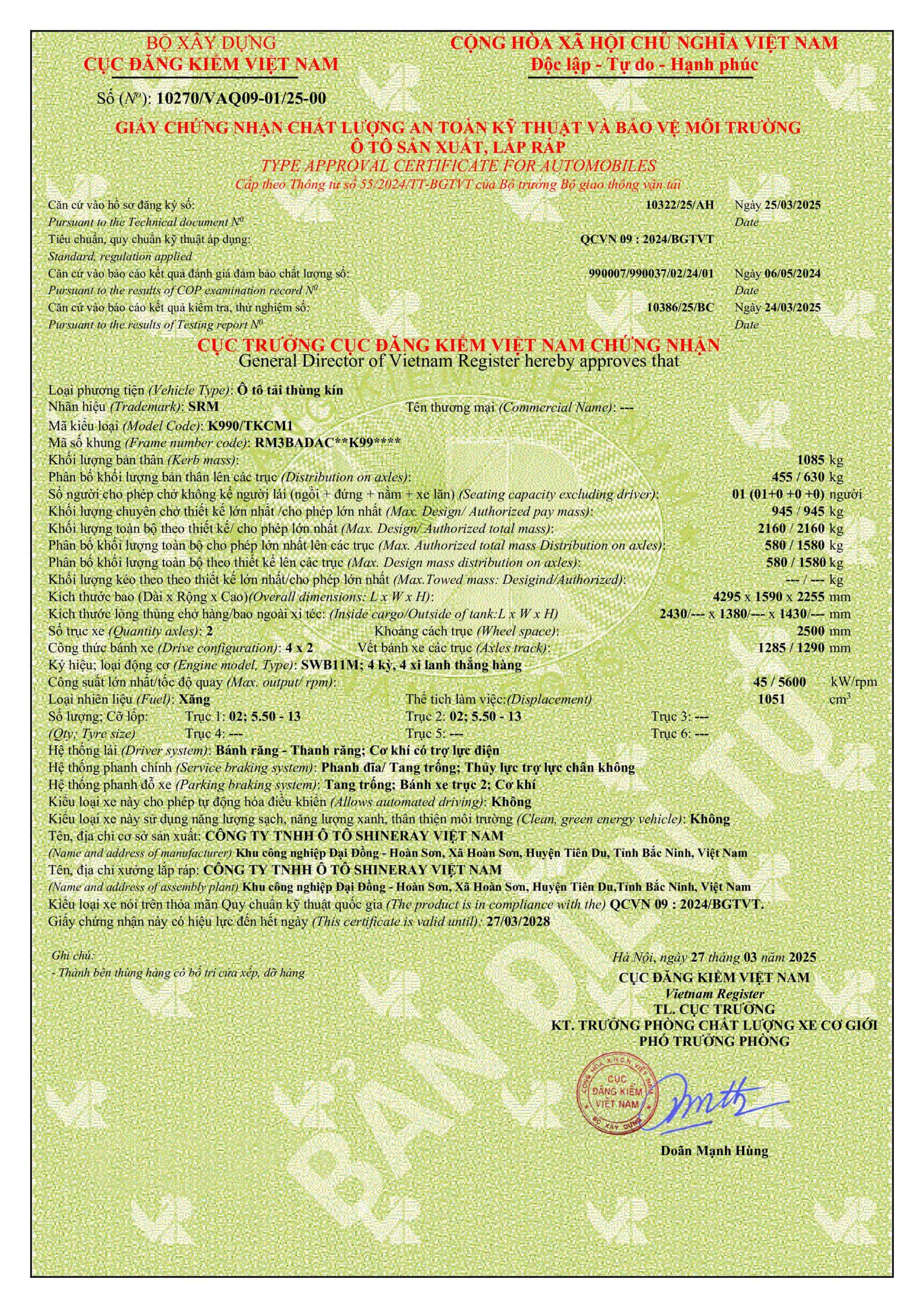 GCN ATKT & BVMT SRM K990 THÙNG KÍN CÁNH DƠI