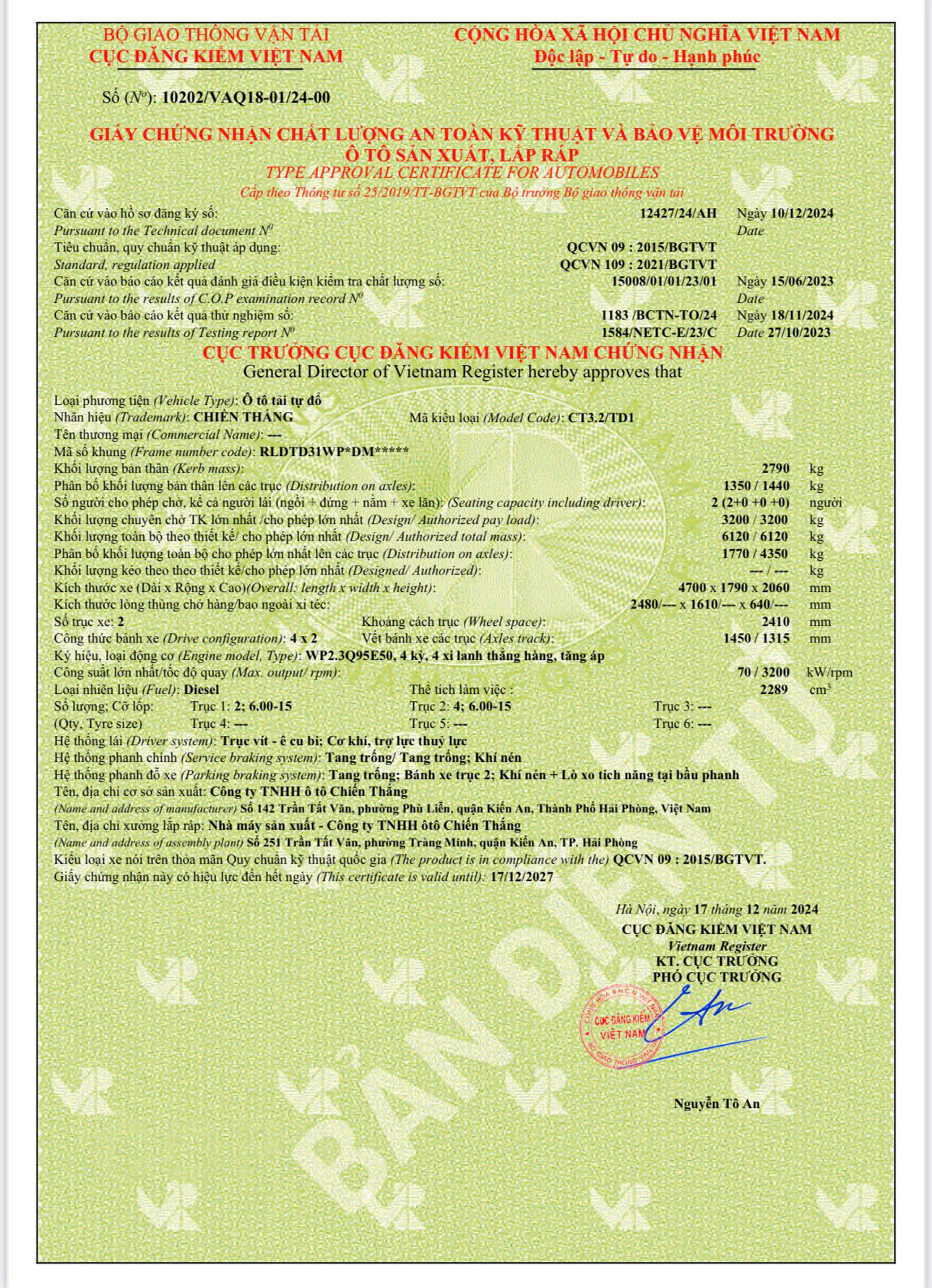 GCN ATKT & BVMT XE TẢI BEN CHIENTHANG CT3.2/TD1