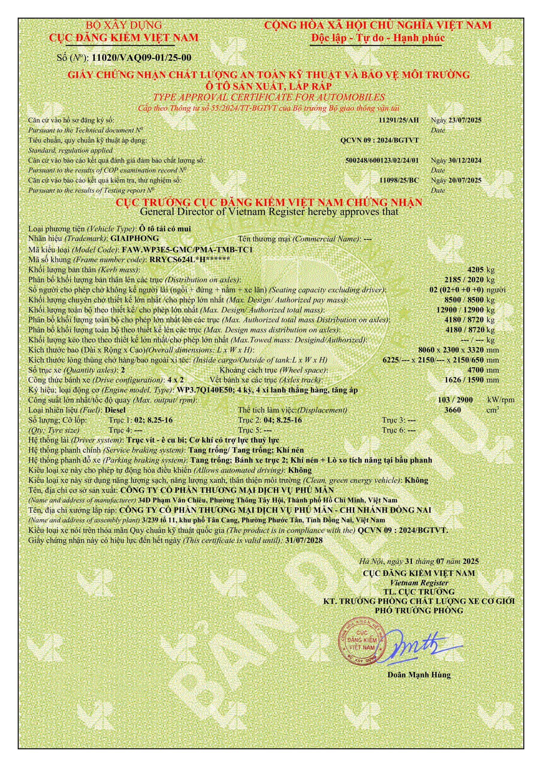GCN ANKT & BVMT FAW TIGER 8.5 TẤN THÙNG MUI BẠT
