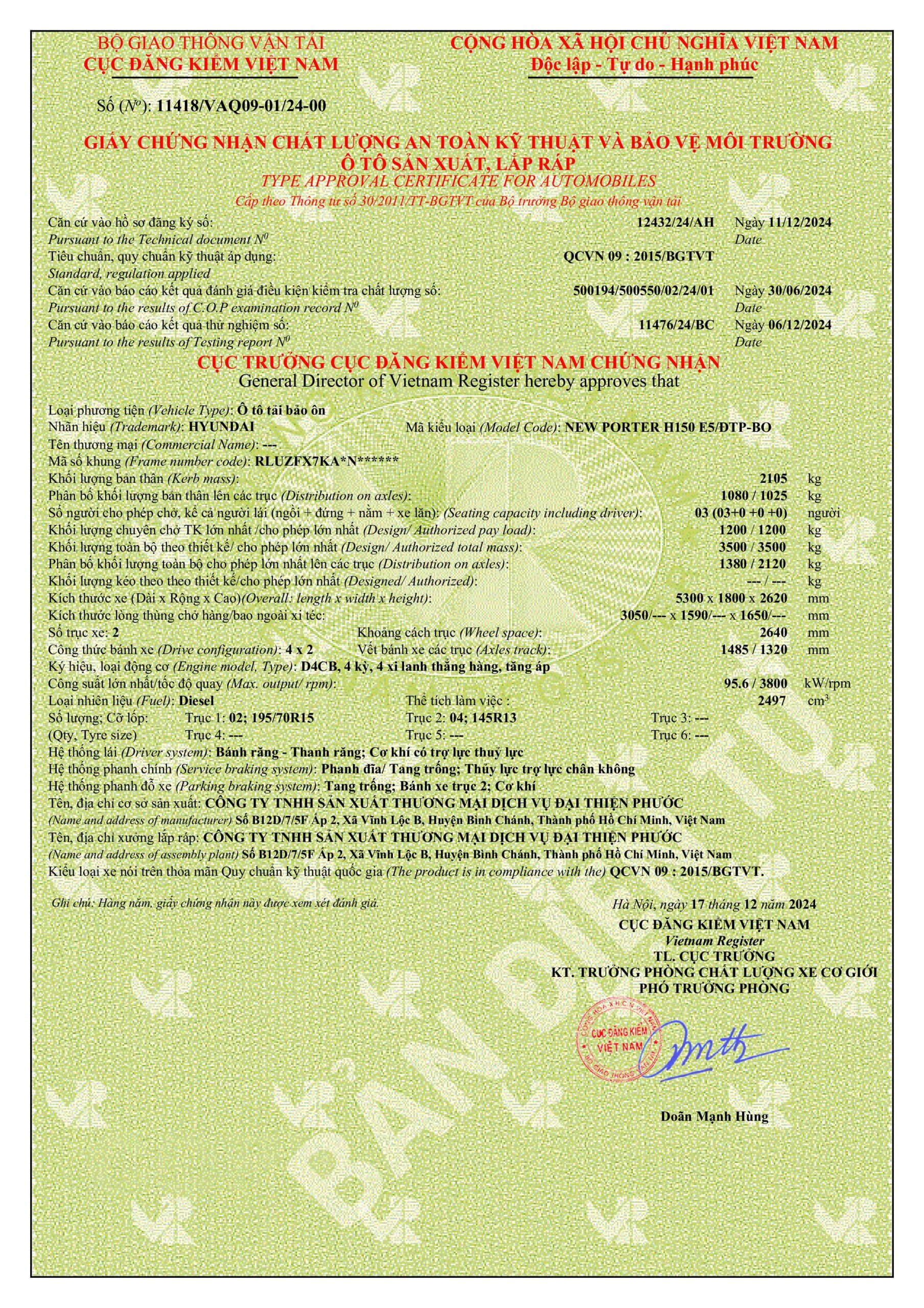 GCN ATKT & BVMT HYUNDAI H150 BẢO ÔN