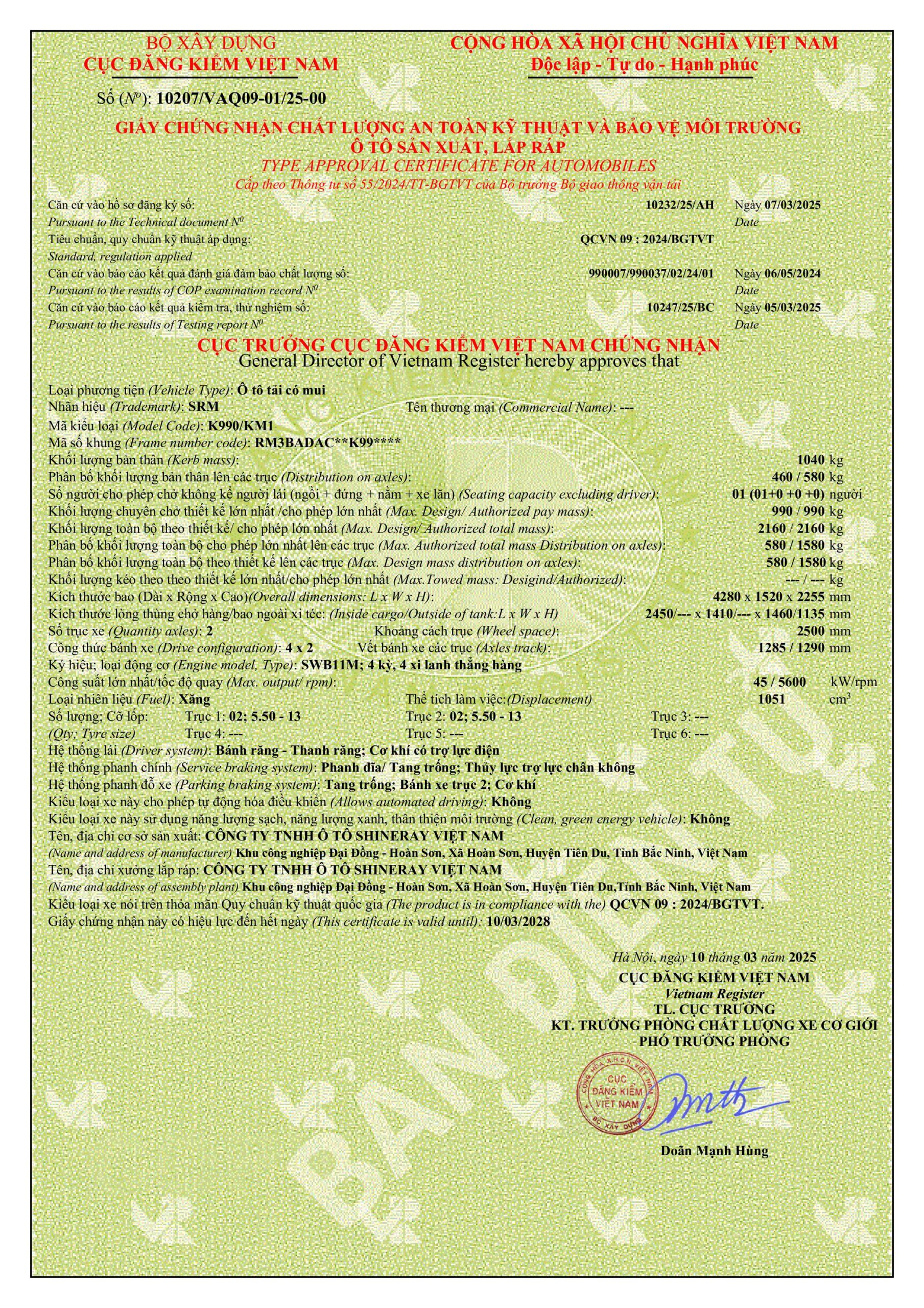 GCN ATKT & BVMT SRM K990 THÙNG MUI BẠT