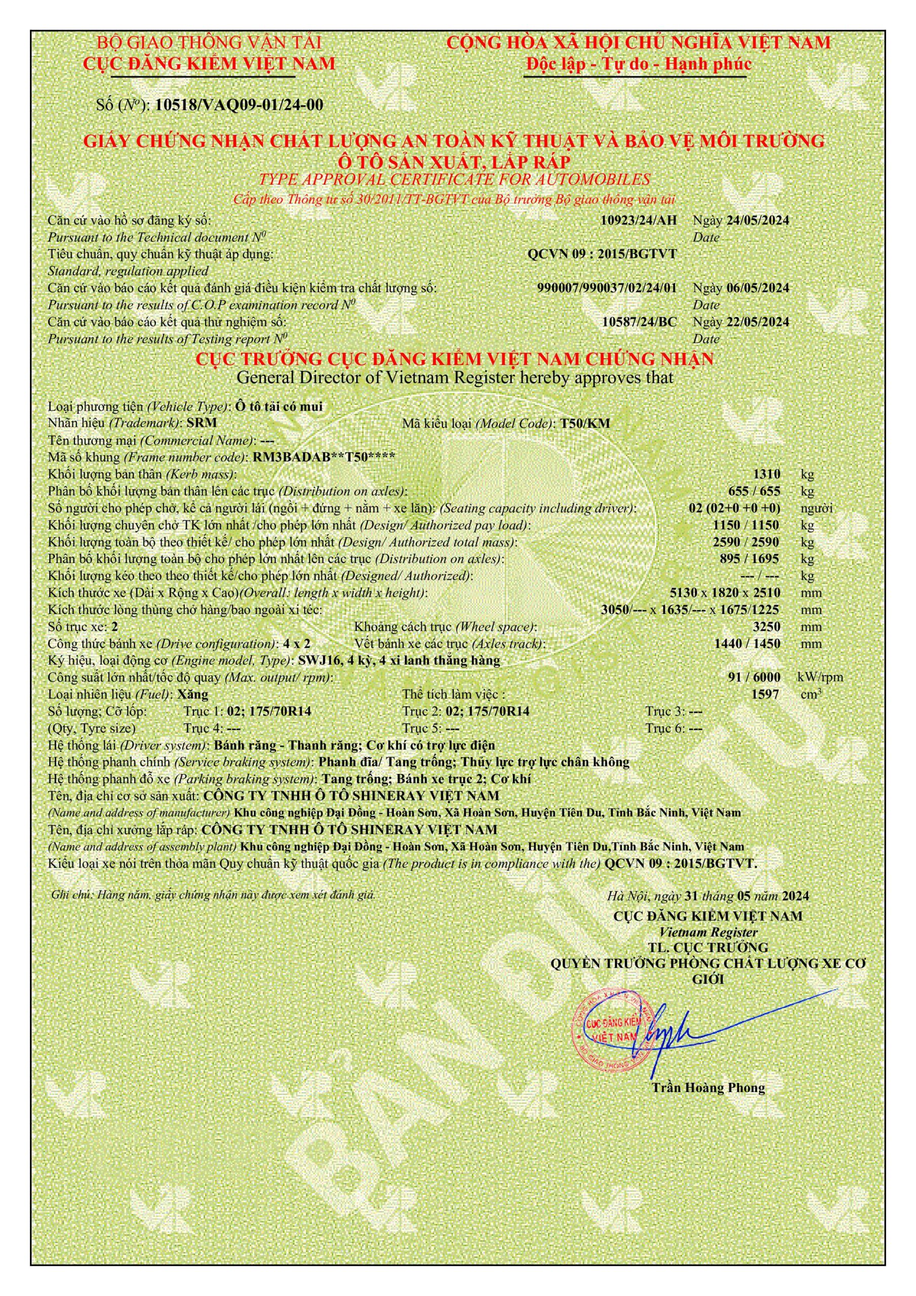GCN ATKT & BVMT SRM T50 THÙNG MUI BẠT