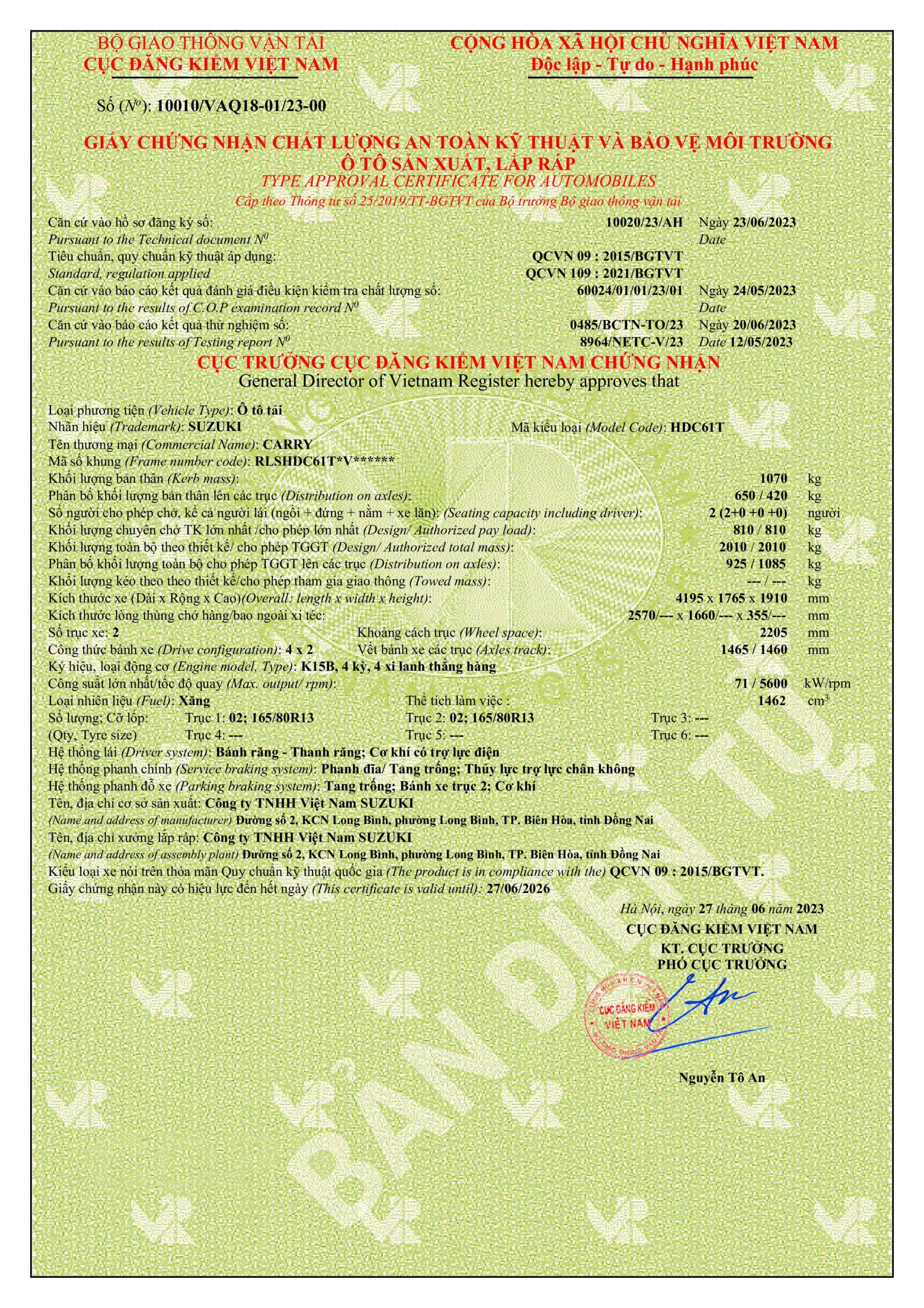 GCN ATKT & BVMT SUZUKI CARRY PRO THÙNG LỬNG